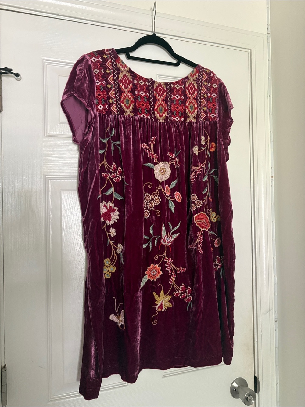 Johnny Was Suki Petal Sleeve Tunic Dress in deep dahlia red velvet